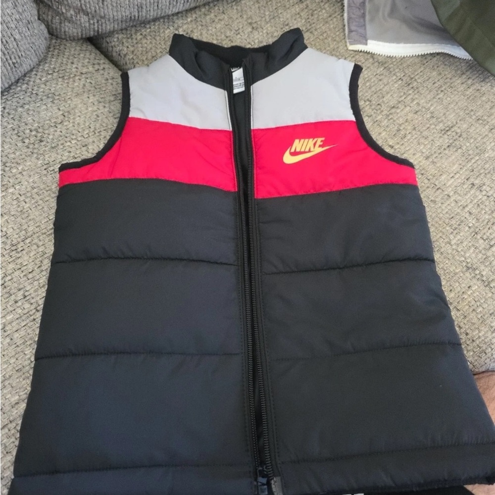 Nike Black and Red Puffer Vest with Gray Accent